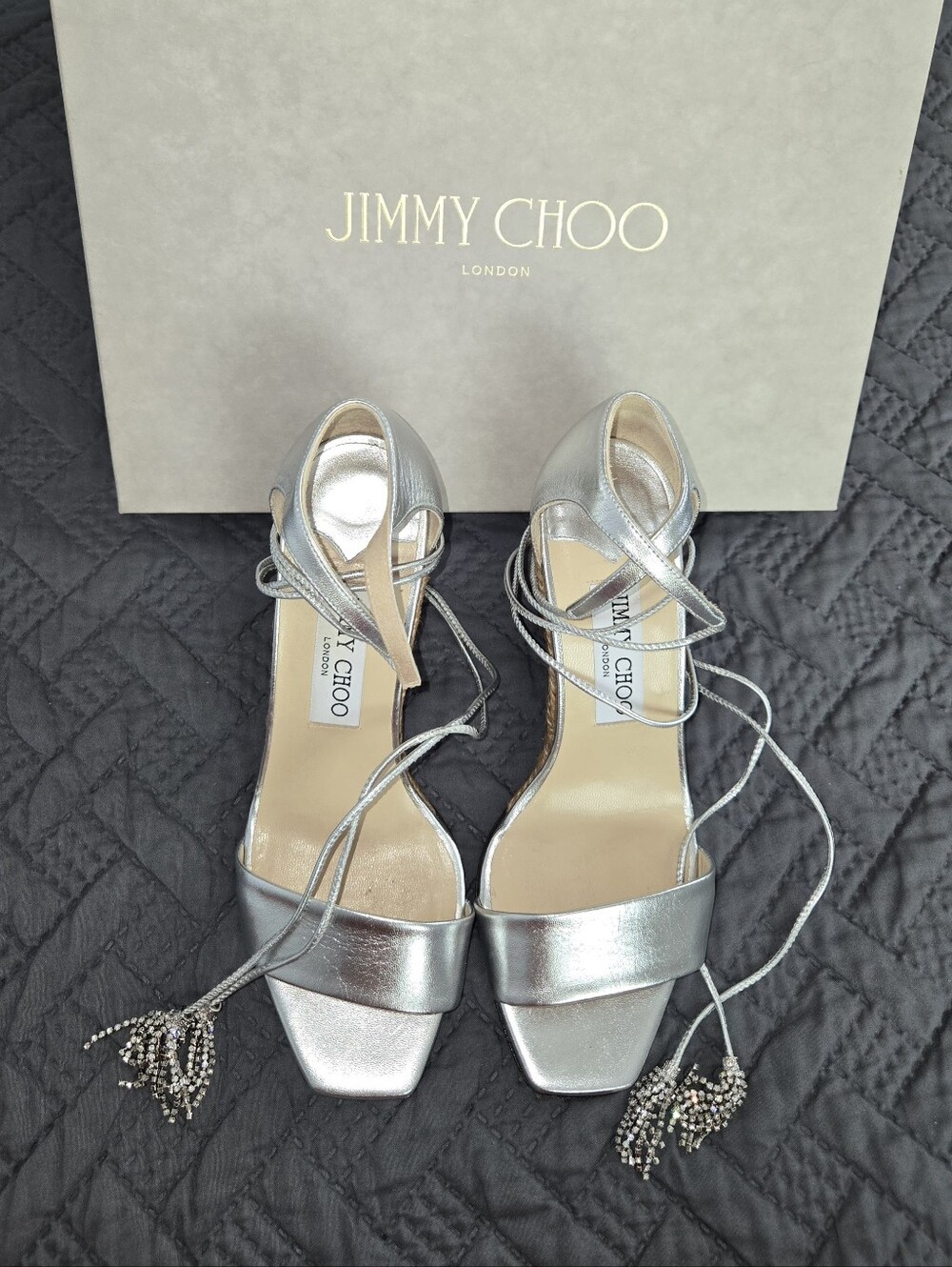 Jimmy Choo Deva 85 Leather Silver Wedge Sandals Size EUR 36.5/US6 Crystal Laces